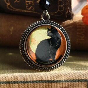 Black Cat & Orange Moon Bookmark - Retro Halloween - Vintage Bronze Book Hook‎
